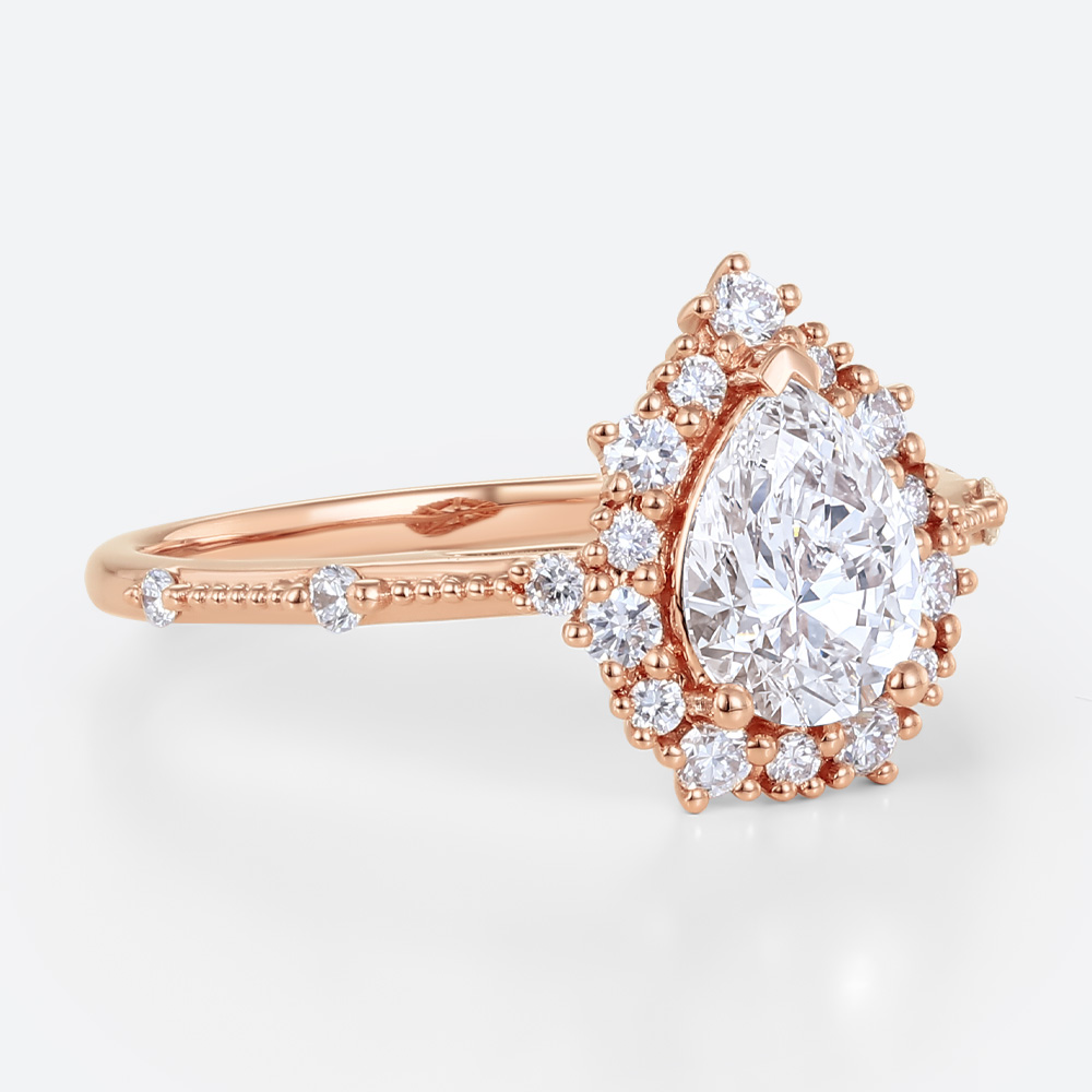 1ct Colorless VS+ Pear Cut Lab Grown Diamond Vintage Halo Milgrain 3-Prong Engagement Ring Fashion Thin Band (5)