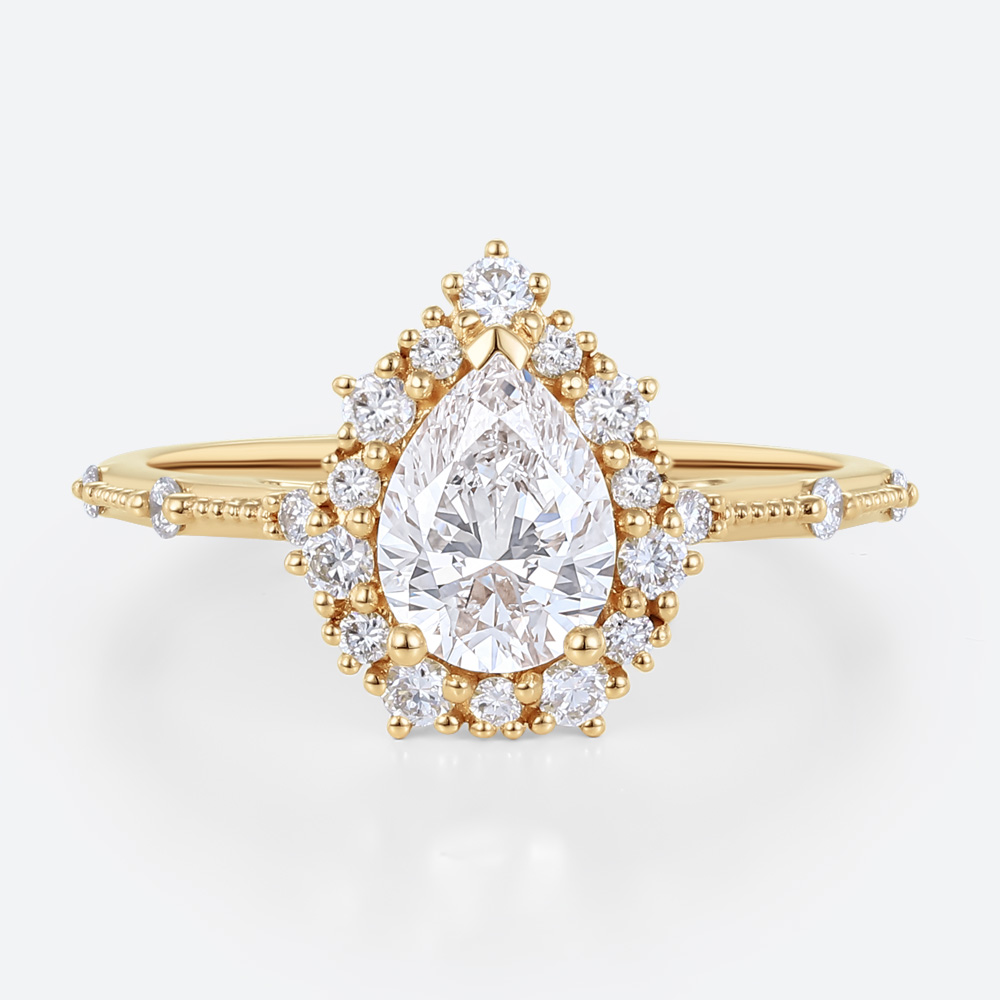 Pear Shaped Halo Engagement Ring Yellow Gold Diamond Lab Rings