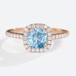 Lab Blue Diamond Engagement Rings​ 1ct Cushion Cut Halo Pave Ring in Rose Gold