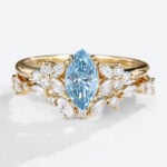 Marquise Cut Blue Diamond Ring​ Set 1ct Classic Blossom Bridal Ring in Yellow Gold