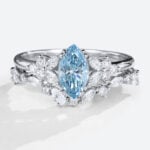 Marquise Cut Blue Diamond Ring​ Set 1ct Classic Blossom Bridal Ring in White Gold