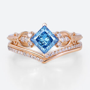 Lab Blue Diamond Rings​ Set 1ct Fancy Blue Princess Cut Infinity Ring in Rose Gold