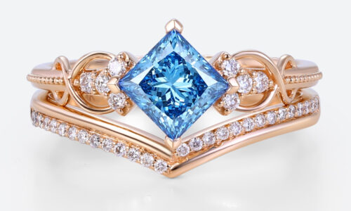Lab Blue Diamond Rings​ Set 1ct Fancy Blue Princess Cut Infinity Ring in Rose Gold
