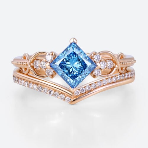 Lab Blue Diamond Rings​ Set 1ct Fancy Blue Princess Cut Infinity Ring in Rose Gold