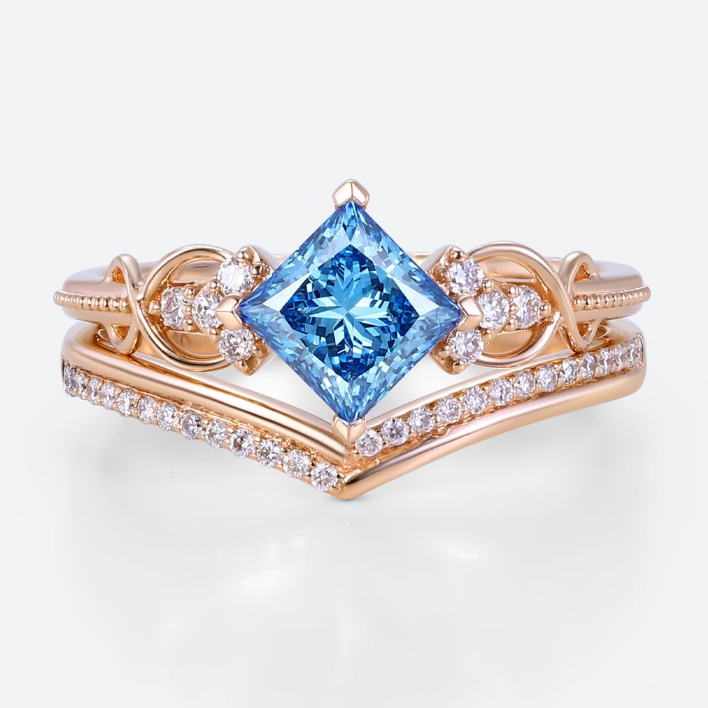 Lab Blue Diamond Rings​ Set 1ct Fancy Blue Princess Cut Infinity Ring in Rose Gold