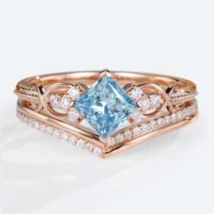 Lab Blue Diamond Rings​ Set 1ct Fancy Blue Princess Cut Infinity Ring in Rose Gold