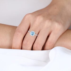 Holiday Proposal Lab Blue Diamond Engagement Rings​ 1ct Cushion Cut Halo Pave Ring in White Gold