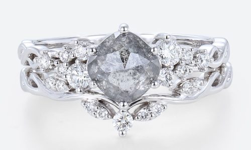 Cushion Cut Wedding Rings Salt and Pepper Diamonds Ring Set