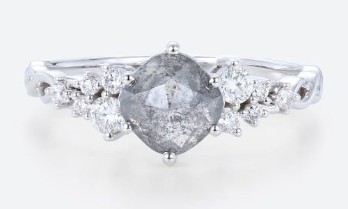 White Gold Cushion Cut Salt & Pepper Diamond Ring 1ct Cluster Promise Ring