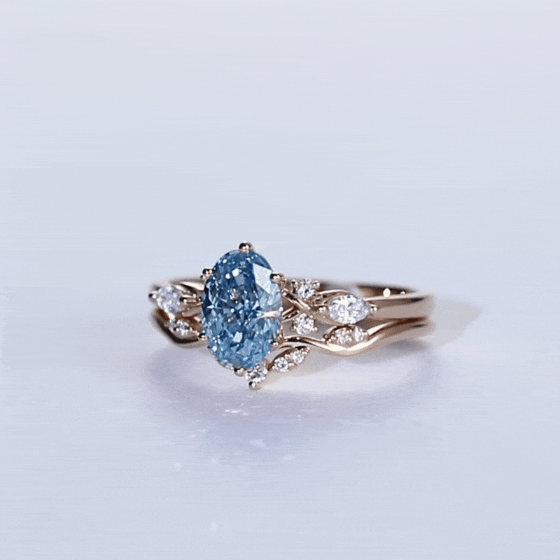 Lab Blue Diamond Ring Set 1.5ct Oval Cut Cluster Engagement Ring in Yellow Gold