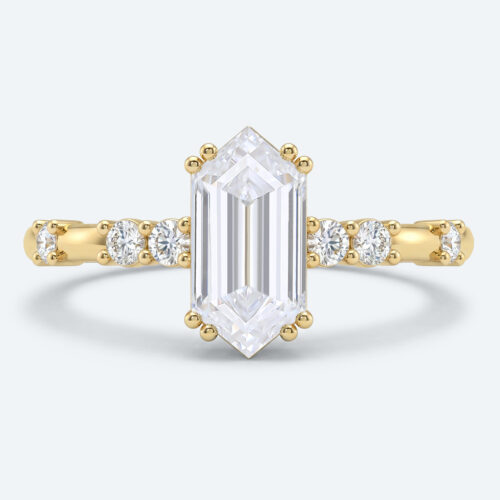 Elongated Hexagon Cut Lab Grown Diamond Modern 4 Double Prong Engagement Ring in Yellow Gold