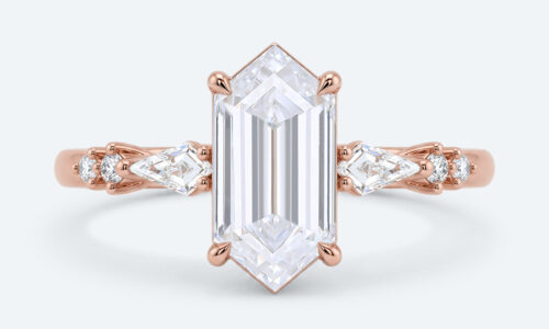 Elongated Hexagon Cut Lab Grown Diamond Modern Side Stone 4-Prong Engagement Ring in Rose Gold (1)