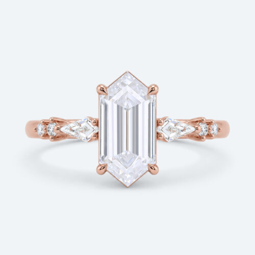 Elongated Hexagon Cut Lab Grown Diamond Modern Side Stone 4-Prong Engagement Ring in Rose Gold