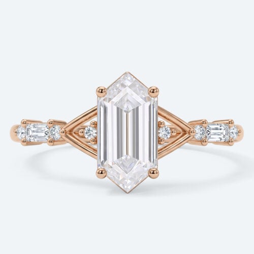 Elongated Hexagon Cut Lab Grown Diamond Vintage Side Stones 4-Prong Engagement Ring in Rose Gold