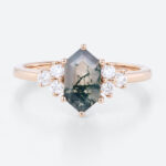 Moss Agate Ring Engagement Cluster Diamond Ring Rose Gold