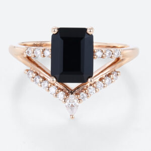 Black Onyx Rings for Ladies Rose Gold Emerald Cut Wedding Band