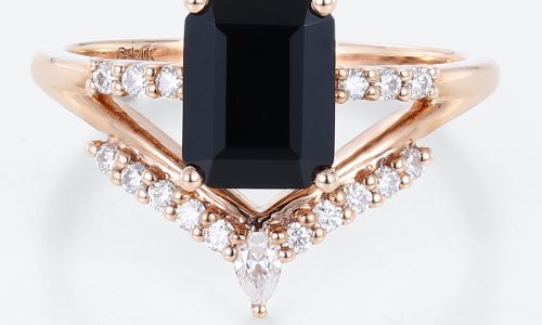 Black Onyx Rings for Ladies Rose Gold Emerald Cut Wedding Band