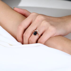 Emerald Cut Black Onyx Opulent Engagement Ring V-Accent Bridal Ring