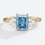 Emerald Cut Lab Blue Diamond Ring 1.5ct Fancy Blue Cluster Ring in Yellow Gold
