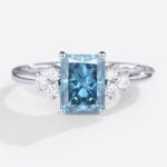 Emerald Cut Lab Blue Diamond Ring 1.5ct Fancy Blue Cluster Ring in White Gold