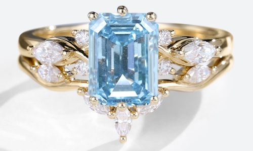 Emerald Cut Diamond Rings Blue Diamond Lab Bridal Rings Sets