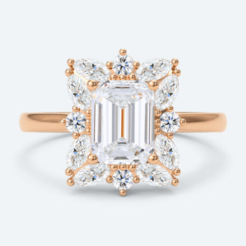 Emerald Cut Lab Grown Diamond Vintage Cluster 4-Prong Engagement Ring in Rose Gold