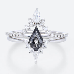 Black Rutilated Quartz White Gold Engagement Ring Set Kite Cut