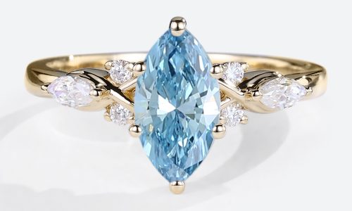 Blue Diamond Lab Marquise Cut Diamond Ring Yellow Gold Ring