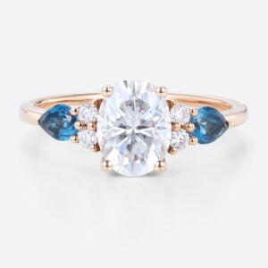 Vintage Rose Gold Engagement Rings Lab Diamond with Pear London Blue Topaz Ring
