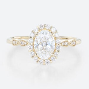 Yellow Gold Oval Halo Engagement Ring Lab Made Unique Diamond Rings