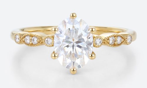 Yellow Gold Lab Grown Diamond Wedding Rings 1 Carat Oval Diamond Ring 1.5ct Lab Grown Diamond Vintage Milgrain 6-Prong Wedding Rings in yellow gold