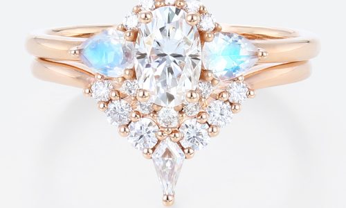 Lab Created Diamond Engagement Ring Gold Ring Moonstone Set