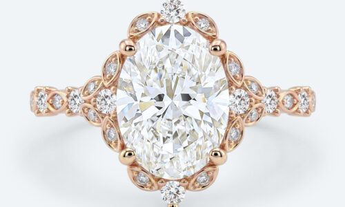 Oval Cut Lab Grown Diamond Vintage Halo 4-Prong Engagement Promise Ring in Rose Gold (6)