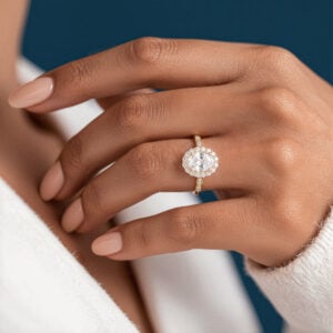 Yellow Gold Oval Halo Engagement Ring Lab Made Unique Diamond Rings