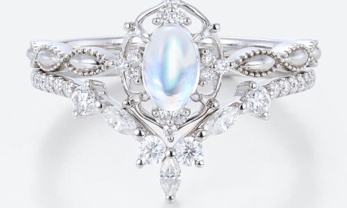 Gold Moonstone Ring 14k White Gold Rings Oval Cut Wedding Ring