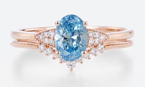 Rose Gold Blue Lab Grown Diamond Rose Gold 1.5 Ct Oval Diamond Ring Set