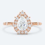 Pear Cut Lab Grown Diamond Vintage Halo Milgrain 3-Prong Engagement Ring Fashion Thin Band in Rose Gold (3)