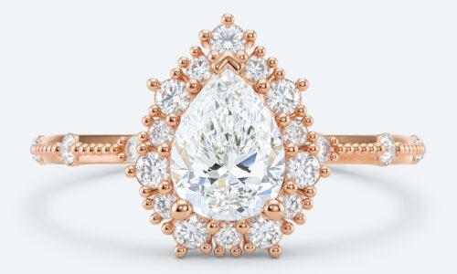 Pear Cut Lab Grown Diamond Vintage Halo Milgrain 3-Prong Engagement Ring Fashion Thin Band in Rose Gold (3)