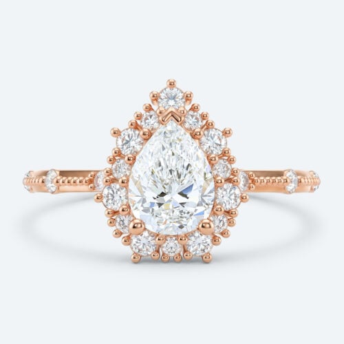 Pear Cut Lab Grown Diamond Vintage Halo Milgrain 3-Prong Engagement Ring Fashion Thin Band in Rose Gold
