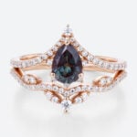 Alexandrite Wedding Ring Set 14k Rose Gold Pear Shaped Rings