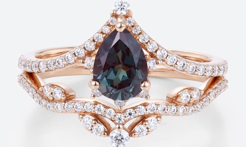 Alexandrite Wedding Ring Set 14k Rose Gold Pear Shaped Rings