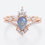 Black Opal Ring​ Rose Gold Pear Shaped Unique Bridal Ring Sets