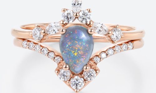 Black Opal Ring​ Rose Gold Pear Shaped Unique Bridal Ring Sets