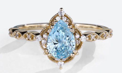 Pear Diamond Ring Blue Lab Diamond Vintage Yellow Gold Ring