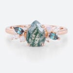 Moss Agate Stone Pear Engagement Ring Rose Gold Stackable Rings
