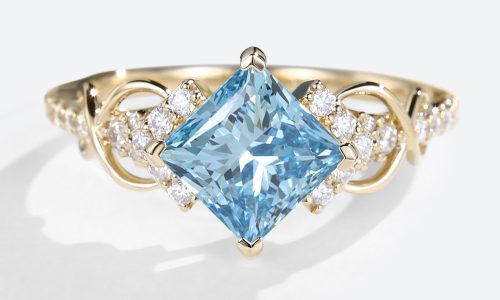 Princess Cut Engagement Ring Lab Blue Diamond Yellow Gold Rings