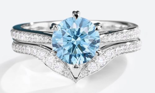 White Gold Wedding Ring Set Round Lab Grown Blue Diamond Ring