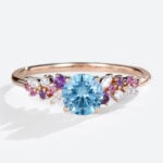 Multicolor Gem Ring Round Cut Lab Blue Diamond Engagement Ring in Rose Gold