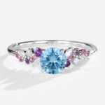 Multicolor Gem Ring Round Cut Lab Blue Diamond Engagement Ring in White Gold