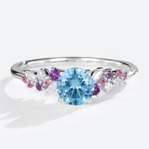 Multicolor Gem Ring Round Cut Lab Blue Diamond Engagement Ring in White Gold